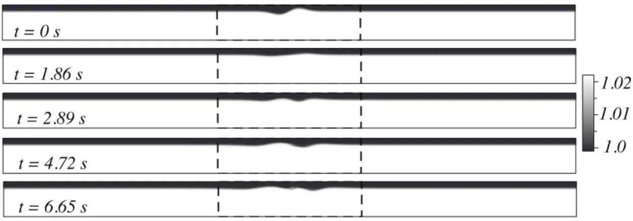 Figure 2.14: Density field from the numerical simulation of the evolution from the initial data in the 1232 cm long tank with the center 308 cm test section marked by the vertical lines.