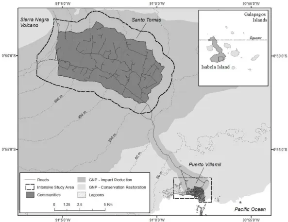 Figure 1.1  The study area located in southern Isabela Island includes two intensive study areas (ISA)