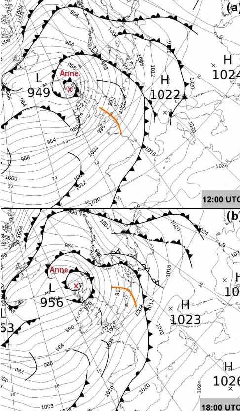 Figure 3. Surface weather chart of mean sea level pressure (hPa),fronts and surface troughs at (a) 12:00 UTC and (b) 18:00 UTC on3 January 2014 (source: UK Met Ofﬁce)