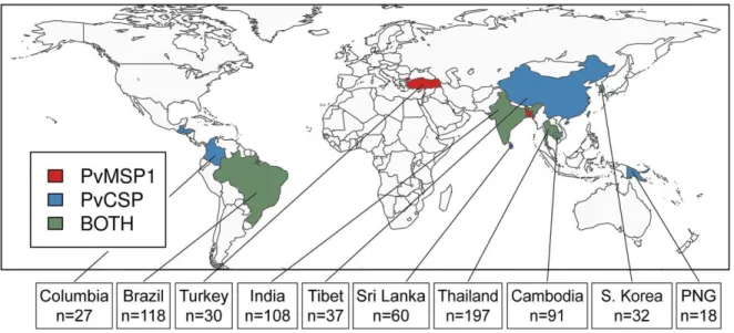 Figure 2.2 Geographic distribution of P. vivax populations contributing to this study