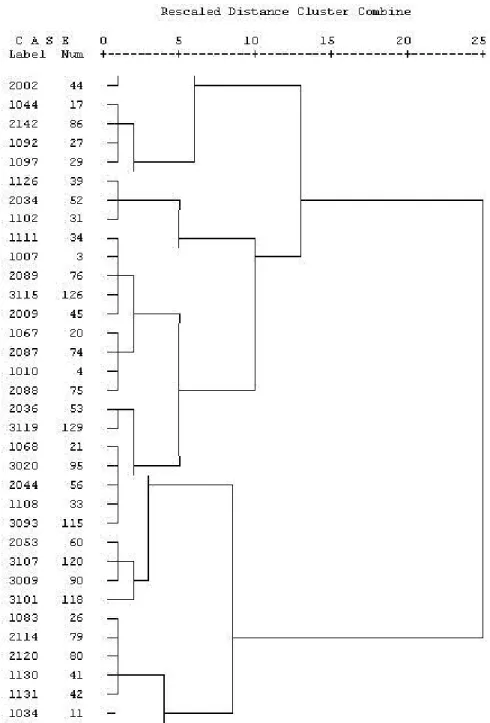 Figure 1. An excerpt of the dendrogram displaying the linkages of the final cluster stages  using the rescaled distances