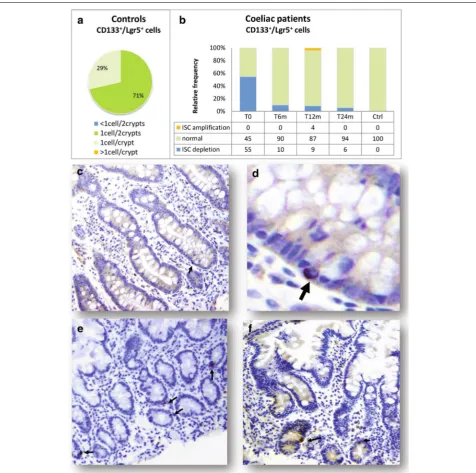 Figure 3 Putative intestinal stem cell density in controls and in CD patients. resentative immunohistochemistry pictures for CD133(a 71% of non-coeliac subjects had one CD133+ epithelial cell every two crypts and 29% had one CD133+ cell per crypt; similar 