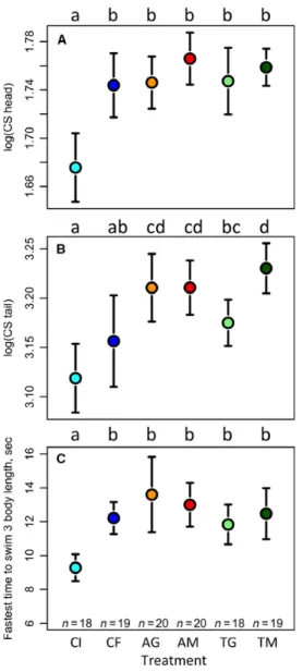 Figure 4. Treatment means and parametric 95% conﬁ- conﬁ-dence intervals for head size (A), tail size (B), and fastest swim speed (C)