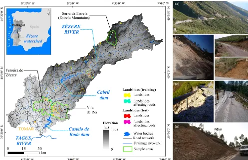 Figure 1. Zêzere watershed and landslide inventory. The pictures represent landslides that affected roads: A, B, C, D, and E – municipalityroads of Serra da Estrela; F – Ferreira do Zêzere; G – Vila de Rei.