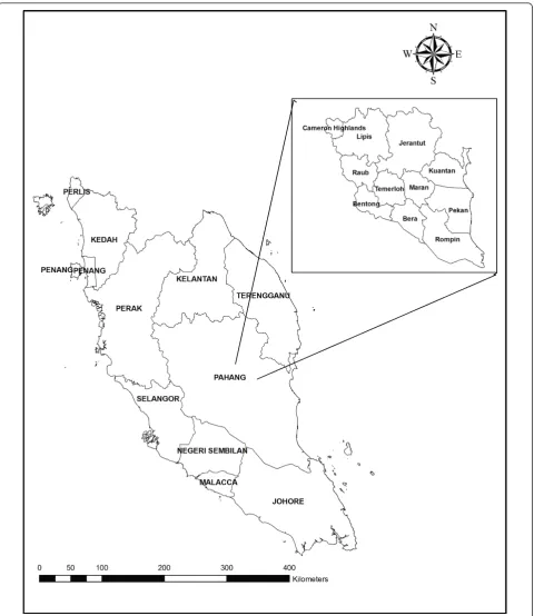 Figure 1 A geographic map showing Peninsular Malaysia and Pahang’s districts.