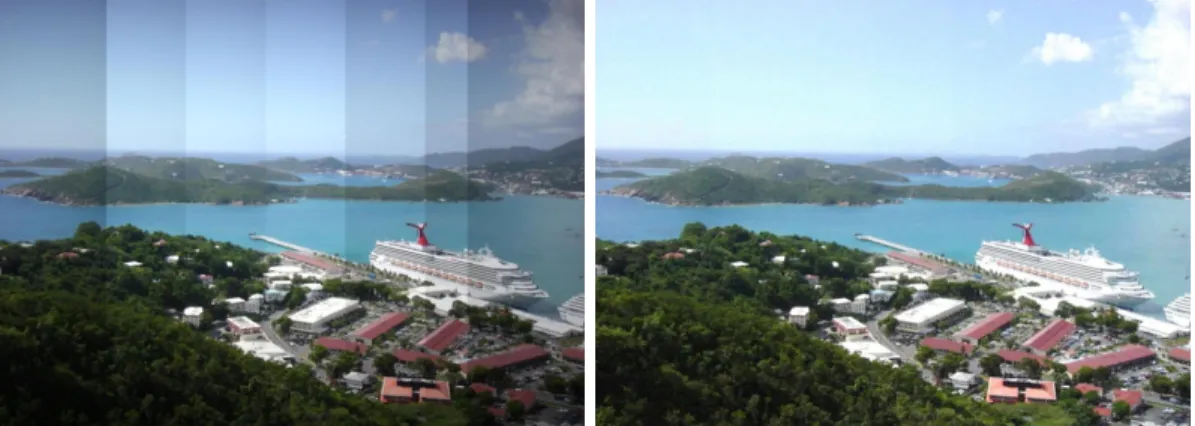 Figure 3.5: Synthetic Example : (Left) Image mosaic simulated with a response function, a vignetting function, and different exposures