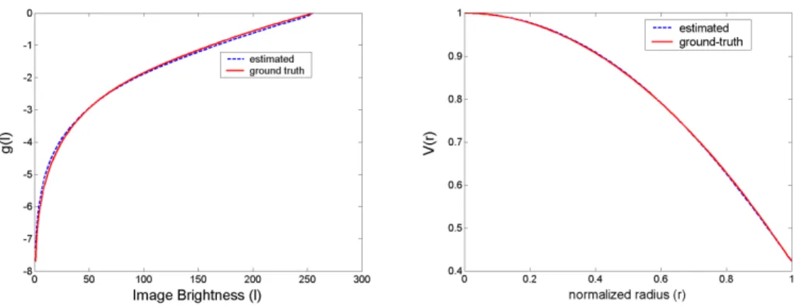 Figure 3.6: Synthetic Experiment. (Left) The response function (g, log inverse response) used for the simulation and the estimate (Right) The vignetting function used for the simulation and the estimate.
