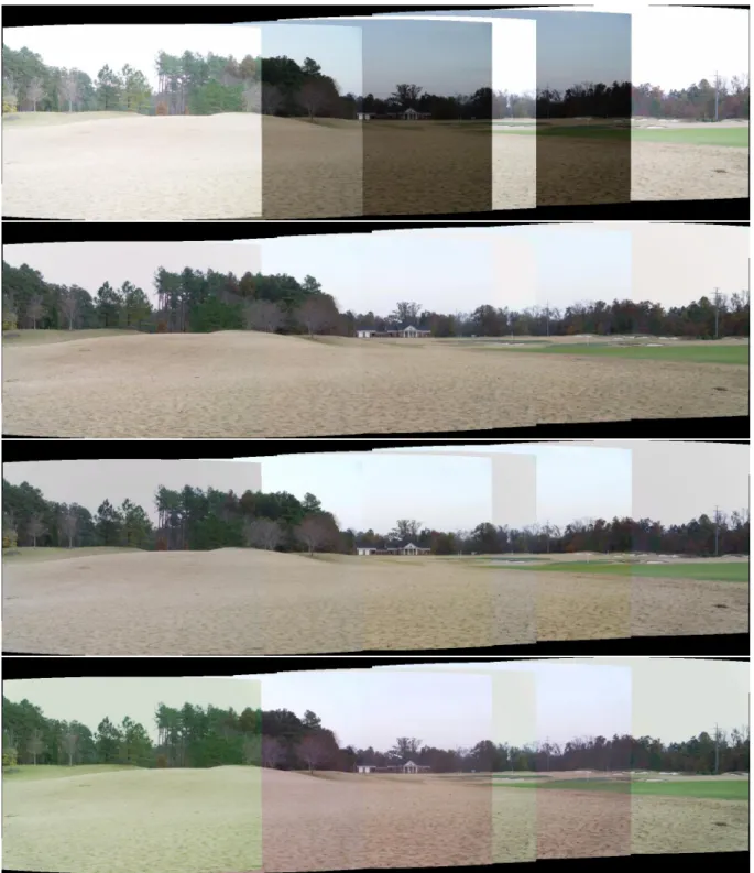 Figure 3.8: (First) Image mosaic constructed with differently exposed images. All images are aligned to the mean exposure value and vignetting corrected using (second) our method, (third) the method by Goldman and Chen (2005), and (last) the method by Litv