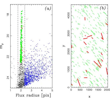 Figure 2.6: In panel (a), we show the size-magnitude diagram of one of the chips in a randomly picked exposure