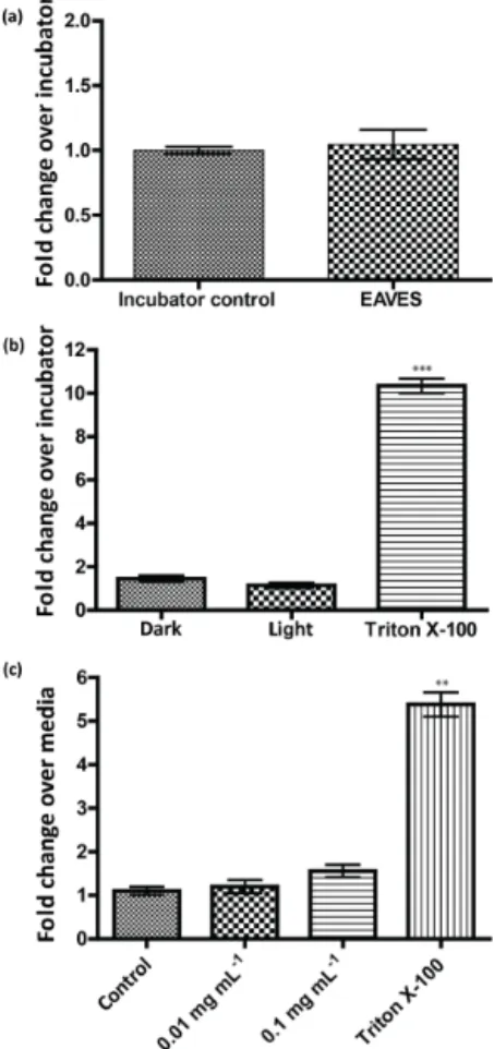 Figure 4. IL-8 and COX-2 mRNA expression induced by expo- expo-sure to isoprene-derived SOA using EAVES device all normalized to dark control experiments and against the housekeeping gene,  β-actin