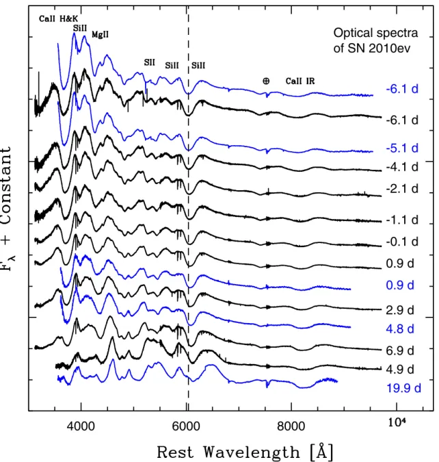 Fig. 4. Spectroscopic sequence of SN 2010ev ranging from −6.1 to 19.9 days around B-band maximum