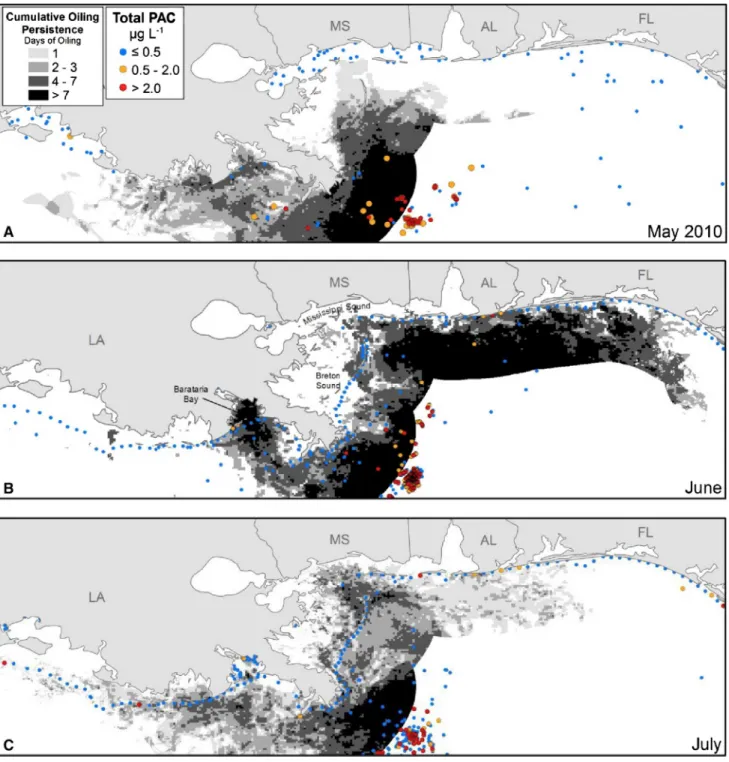 Fig. 6 Cumulative oil persistence within 40 km of the shoreline (grey shading), and total PAC concentrations in the upper 50 m of the water column (colored circles) during a May, b June and c July 2010.