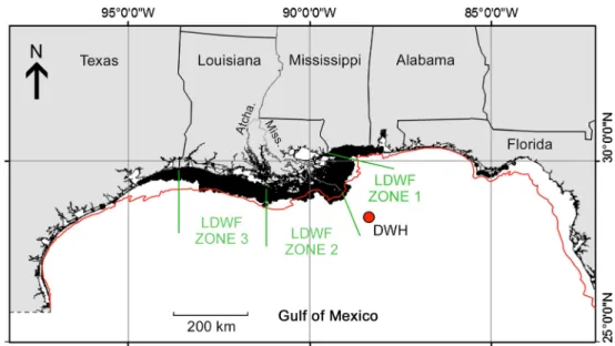 Fig. 1 Spatial distribution of commercially exploited aggregations of Gulf menhaden in the northern Gulf of Mexico, as indicated by commercial purse seine fishing effort (black shading near shore) during 1986–2011 (from Fig