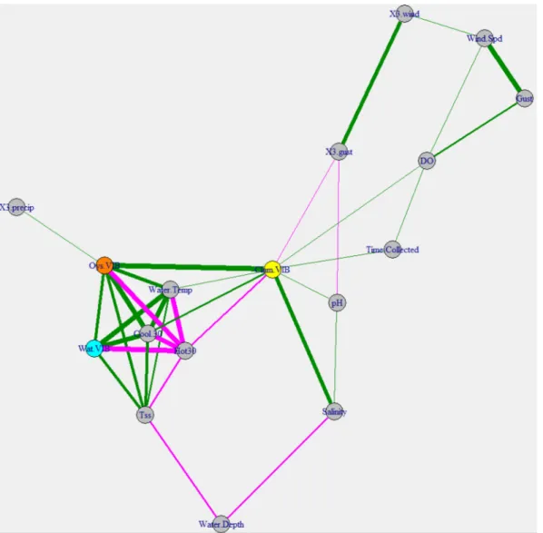 FIG 4 Correlation network map for total Vibrio spp. The network is based on Spearman’s rank correlation coefﬁcients