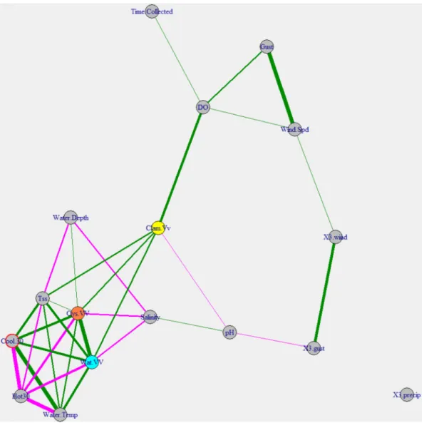 FIG 5 Correlation network map for V. vulniﬁcus. The network is based on Spearman’s rank correlation coefﬁcients
