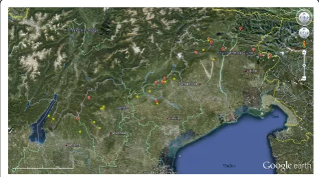 Figure 1 Map of north-eastern Italy showing the 31 sites in whichadult ticks were found (yellow: sites negative for pathogens; red:sites positive for one or more pathogens; number of pathogens/site is also reported within each red symbol).