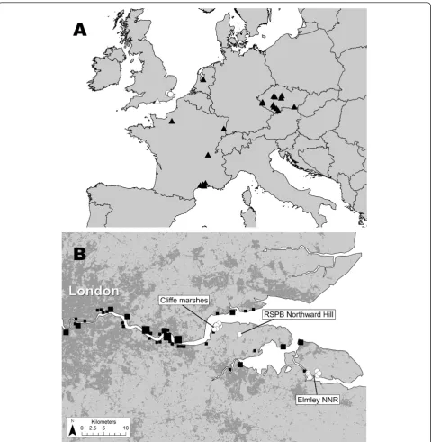 Figure 1 A) North-west Europe, showing locations where Culex modestus populations were detected in this study (white circles), thelocation of Cx