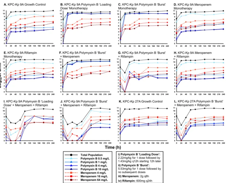 FIG 2 Population analysis proﬁles quantifying the growth of resistant KPC-Kp 9A (A to J) and KPC-Kp 27A (K to L) subpopulations on MHA plates containing the speciﬁed concentration of either polymyxin B (blue lines) or meropenem (red lines)
