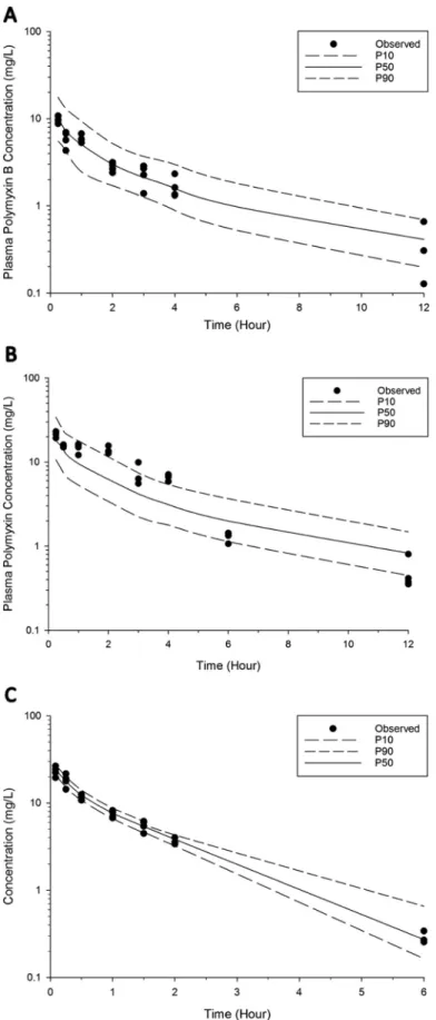FIG 3 Visual predictive checks for polymyxin B in plasma following pulmonary administration of 4.12 mg base/kg (A) and 8.24 mg base/kg (B) and intravenous administration of 4.12 mg base/kg (C)