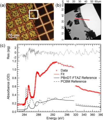 Figure  3-8.  (a)  Reflective  visible  light  microscope  and  (b)  STXM  images  of  three  day  CB  solvent  annealed  blend  films  with  equilibrated  phase  separation  (dark  spots  are  PCBM  crystals)