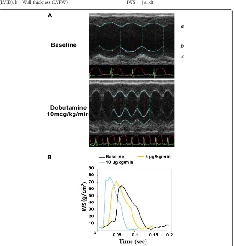 Figure 1 Continuous wall stress measurement in the mouse model. A. Simultaneous M-mode echocardiogram and LVP monitoring inobtaining continuous wall stress (CWS)