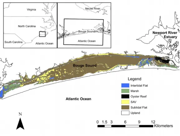 Figure 2.1 Location and habitat map of the study area where extrapolations were preformed