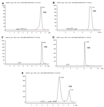 Figure 3 HPLC diagram of HM dissolved in different solvent. (A) Acetone. (B) Acetonitrile