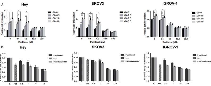 Figure 5. Compound 968 sensitized paclitaxel in ovarian cancer cells. The cells were treated with different concentrations of paclitaxel (0, 0.1, 1.0, 10, 50 nM) in  media with various concentrations of glutamine for 72 h