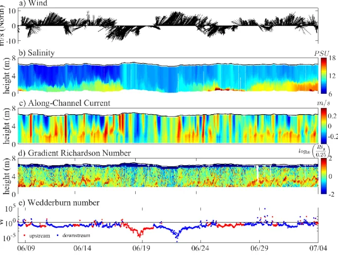Figure 1.3: Conditions during the 1‐month deployment period in June and July 2016. Panels are  time series of a) wind speed and direction (sticks indicate direction the wind is blowing toward),  b) salinity profiles measured with the AVP, c) along‐estuary 