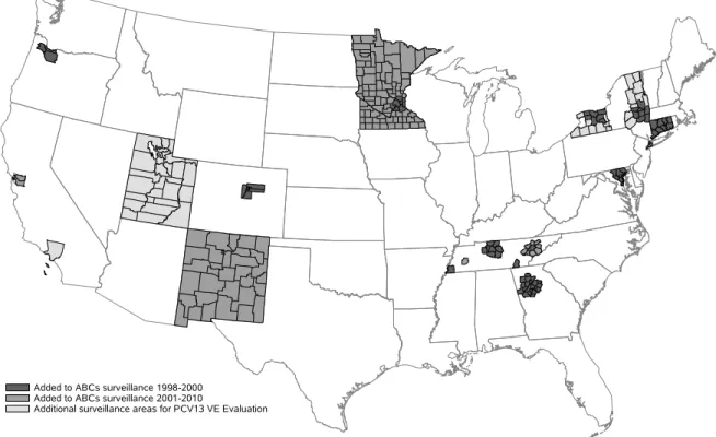 Figure 3.1. Map of surveillance area for PCV13 VE Study, by year added to ABCs 