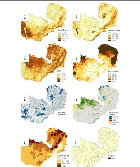 Figure 3 Spatial distribution of remotely sensed covariates in Zambia. The climatic factors were summarized over a period preceding thesurvey indicated by the lag time analysis (day LST, night LST, NDVI, rainfall)