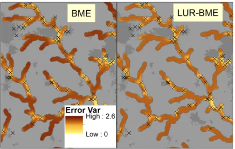 Figure 4. Error variance for log nitrate estimates In the Upper Cape Fear River Basin  using BME (left) and LUR+BME (right)  