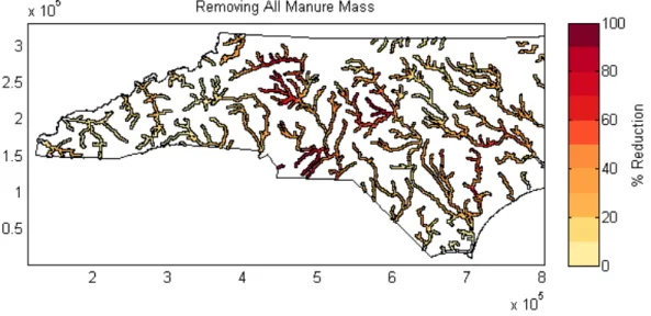 Figure 8.  Percent reduction in nitrate concentration estimated by setting all the  manure mass to zero