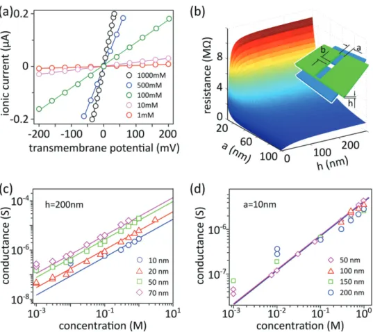Figure  3a shows a typical time trace of the ionic current  through an interfacial nanopore (a  = 70 nm, h  = 50 nm)  immersed in a 5 × 10 −3 m  LiCl buffer solution