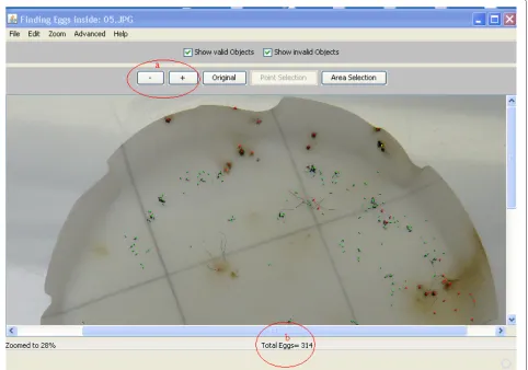Figure 3 Basic graphical user interface. Zoom utility signaled by ‘a’, and egg count by ‘b’.