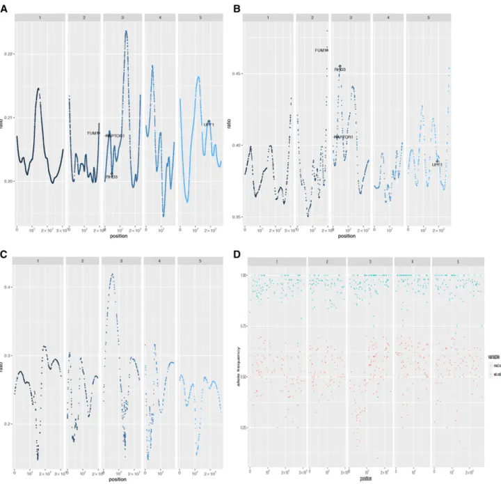 Figure 2. Example of the output plots. x axis, Chromosomal location; y axis, ratio variable (A–C; for details, see Eq