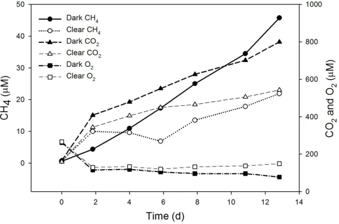 Figure 5:  Representative (GTH 114) benthic chamber time series for changes in dissolved CH 4 , CO 2 ,  and O 2  concentrations