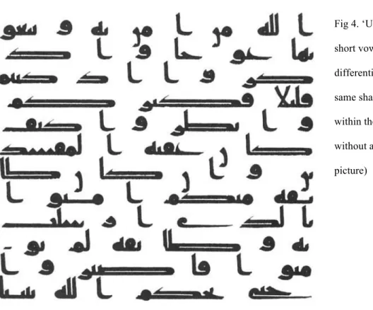 Fig 4. ‘Uthmanic rasm, without the  short vowels and diacritics that  differentiate between consonants of the  same shape, such as تﺕ  and ثﺙ, signified  within the text by the same glyph  without any dots