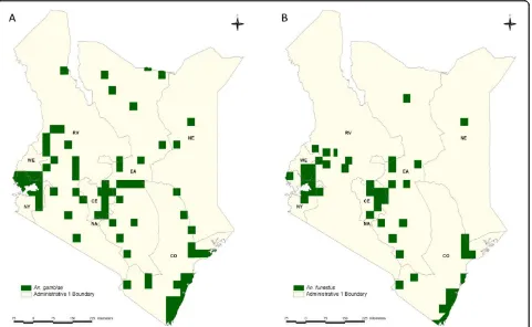 Figure 1 a-b. Map of Kenya showing the distribution of Anopheles gambiae sensu lato (a) and Anopheles funestus (b) (Roberts, 1974)displayed over the first-level administrative units (provinces)