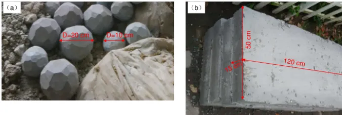 Figure 2. Materials used in this experiment: (a) spherical limestone polyhedron with two diameters and (b) C25 prefabricated concrete slabs.