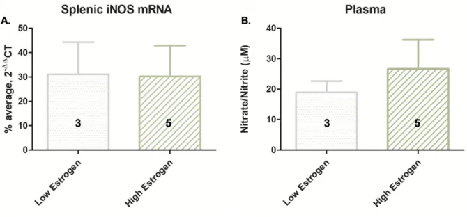 Figure 5.  Among heroin-conditioned, CS exposed animals (n = 8), there was no significant difference in splenic iNOS mRNA expression (A) or plasma nitrate/nitrite levels (B) between high estrogen animals (in proestrus or diestrus) and low estrogen animals 