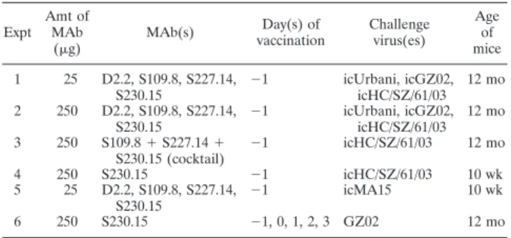 TABLE 1. Experimental design of passive immunization studies on mice Expt Amt ofMAb ( ␮g) MAb(s) Day(s) of vaccination Challengevirus(es) Ageofmice 1 25 D2.2, S109.8, S227.14, S230.15 ⫺1 icUrbani, icGZ02,icHC/SZ/61/03 12 mo 2 250 D2.2, S109.8, S227.14, S23