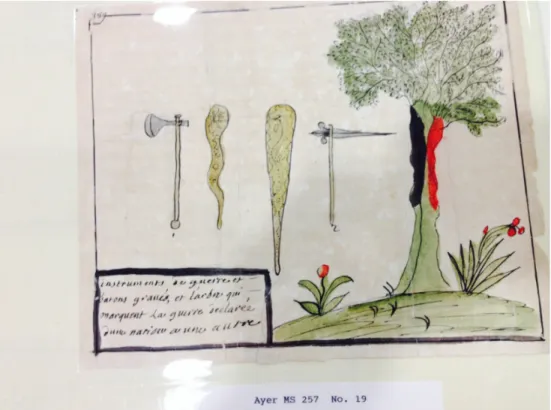 Figure 3- Instruments of War. Red and Black marked tree declaring war among two  nations and engraved wooden national markers
