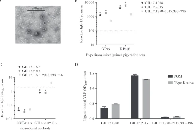 Figure 5.  Exchange of residues 393–396 from GII.17.2015 to GII.17.1978 decreases antibody reactivity and virus-like particle (VLP) binding to ligand while maintaining  particle structure