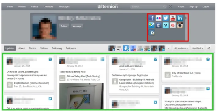Fig. 1 Example of a profile page in Alternion. Thepop-menu shows the number of relationships in each social network