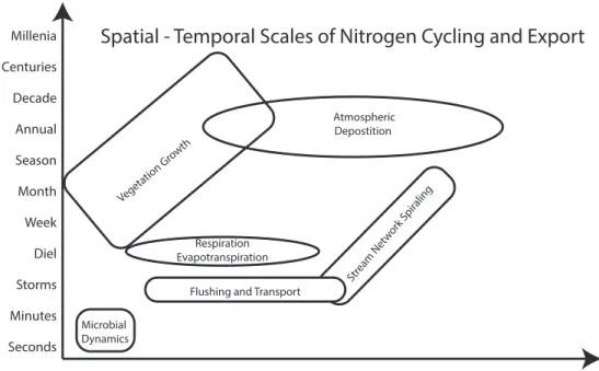 Figure 1.1 Characteristic space-time scales for biogeochemical processes. 