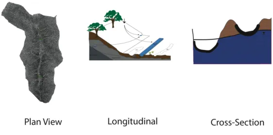 Figure 1.4. Three views of watershed ecohydrology presented in this dissertation. Plan  view (Chapter 2), Longitudinal (Chapter 3), and Cross-Section (Chapter 4)