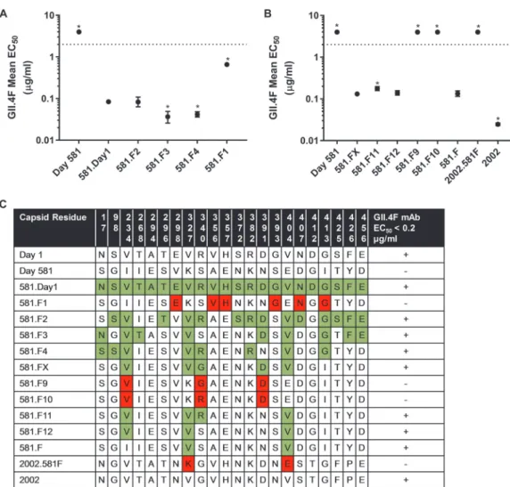 FIG 2 Residues 327 and 404 are key binding sites for GII.4F MAb. (A and B) To map the epitope for the GII.4F MAb, amino acid changes in the capsid protein between day 1 and day 581 strains were compared and sets of changes were introduced into the 581 back