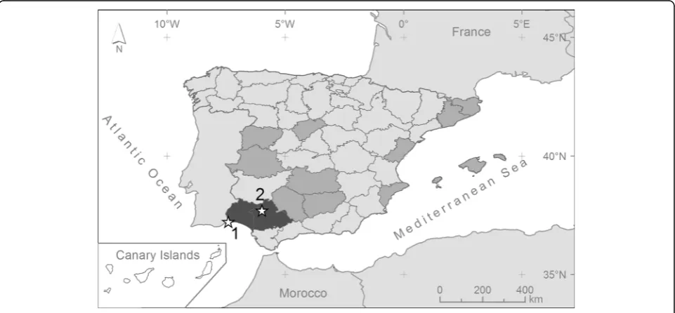 Fig. 1 Distribution by provinces of Ae. vittatus in Spain. Light grey and dark grey indicates the provinces where the species is absent or present,respectively