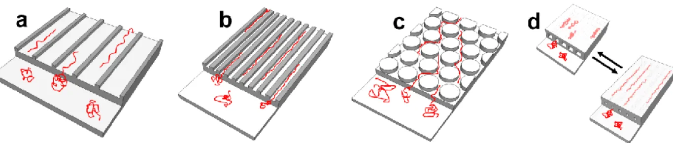 Figure 1.9 A depiction of nanofluidic device configurations used for DNA linearization by confinement